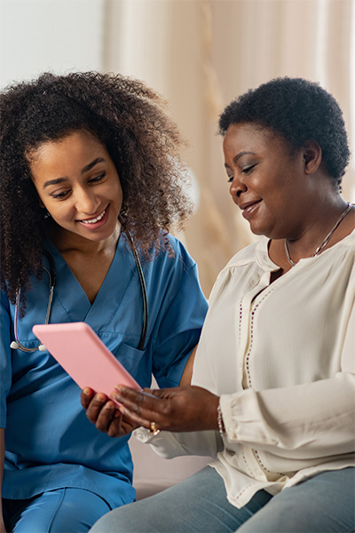 a resident talking to an admissions counselor